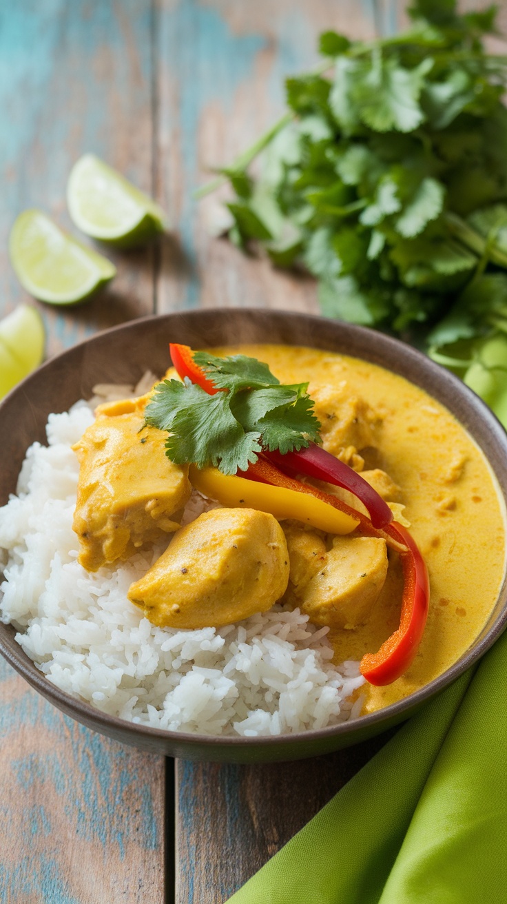 A bowl of Thai Coconut Curry Chicken over rice, garnished with cilantro and lime, on a rustic wooden table.